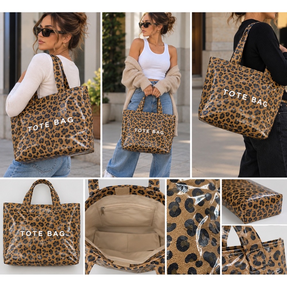 Leopard Print Coated Canvas Tote Bag Brown Animal Print Large Shoulder Bag